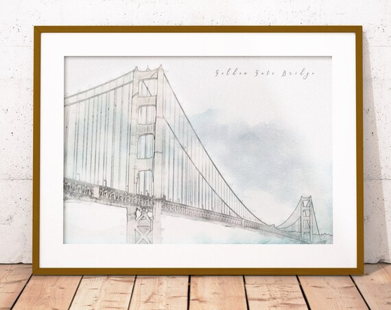 Golden Gate Bridge San Francisco Watercolor Sketch Soft Blue Poster