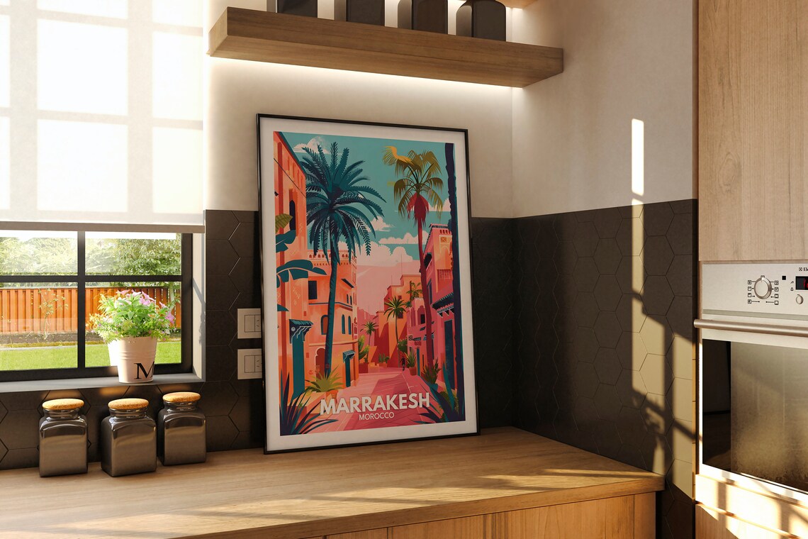 Marrakesh Morocco Old Medina Pink Streets Palm Trees Travel Art Poster - Image 2
