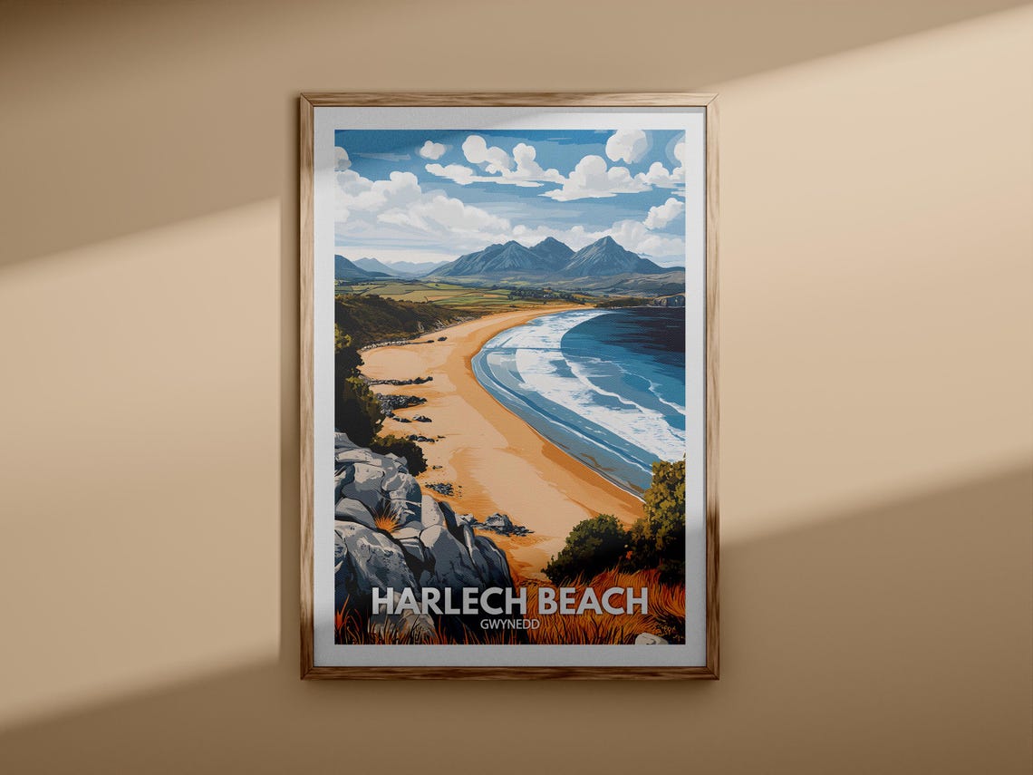 Harlech Beach Gwynedd Mountain Backdrop Golden Sand Vintage Poster - Image 3