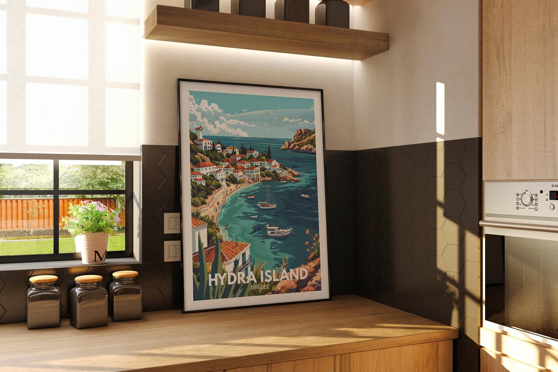 Hydra Island Greece Harbor Sailboats White Houses Travel Poster - Image 2