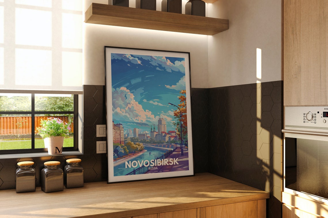 Novosibirsk Russia Downtown Skyline River Sunset Travel Poster - Image 2