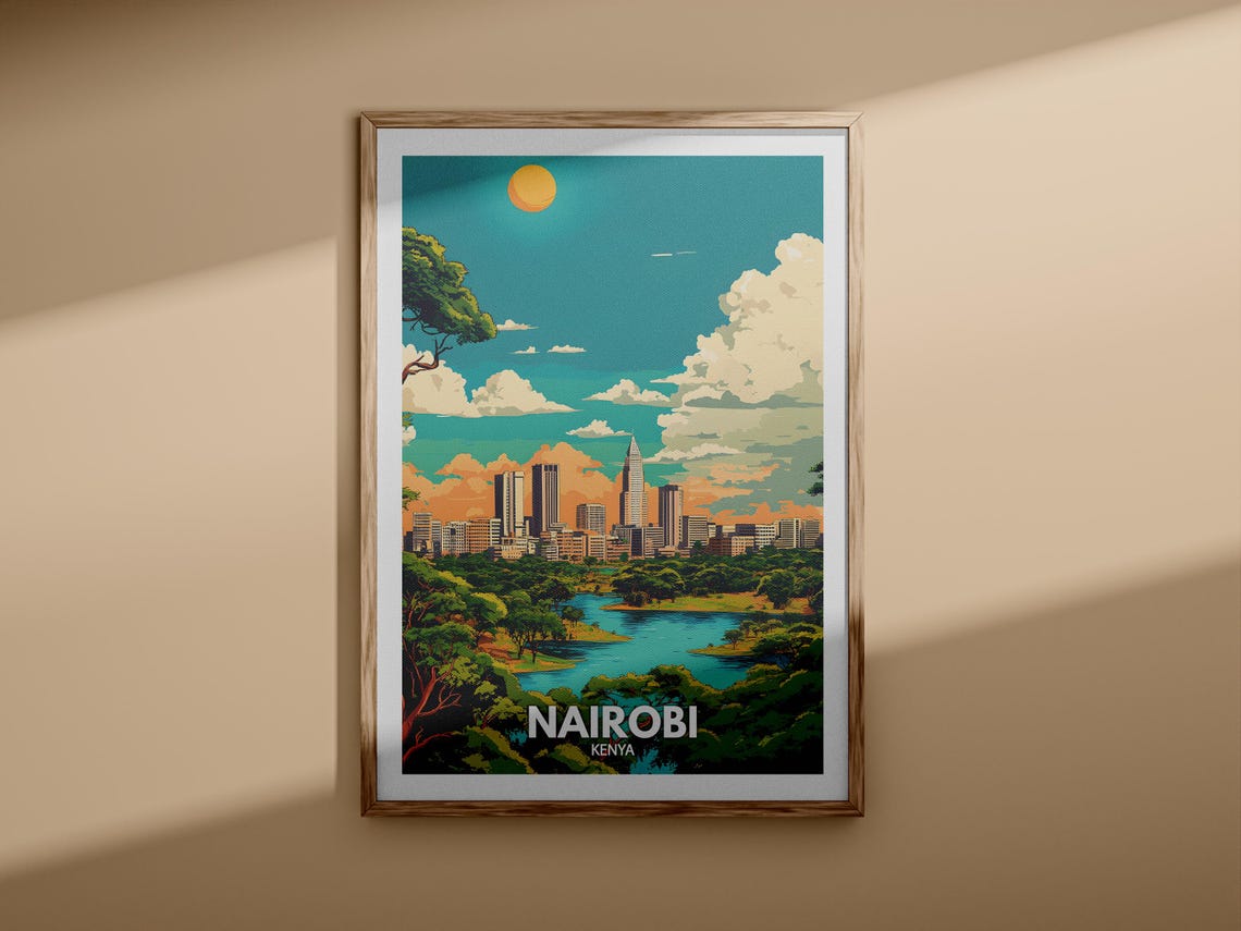 Nairobi Kenya Skyline From Green Park Lake Sunset Travel Poster - Image 3