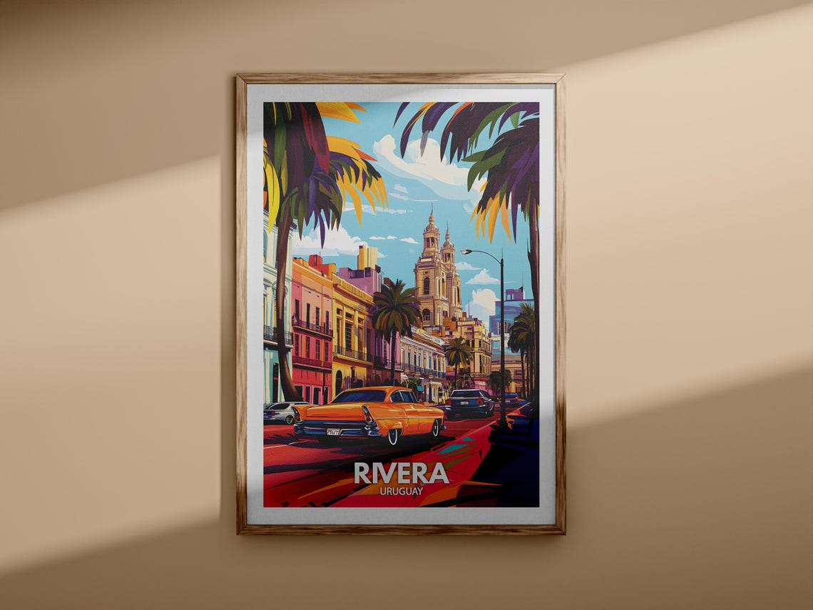 Rivera Uruguay Colorful Colonial Street Classic Car Travel Poster - Image 3