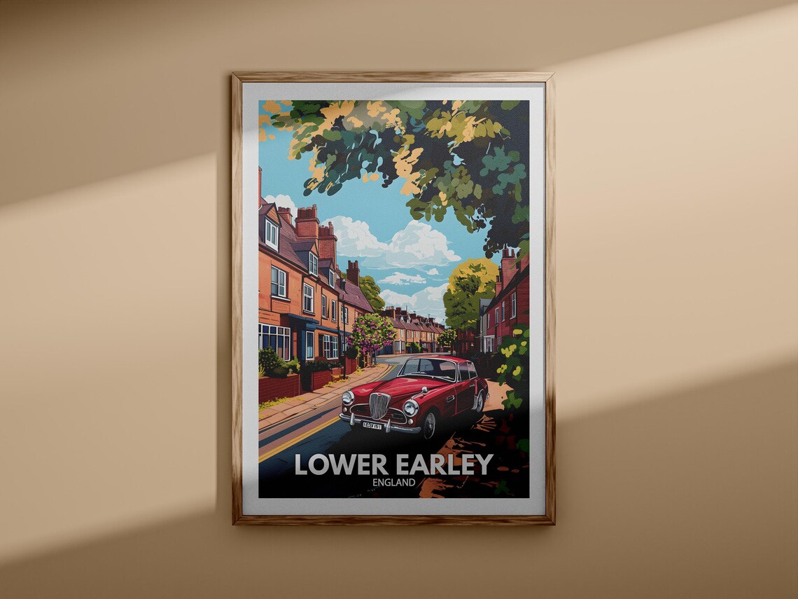 Lower Earley England Brick Terrace Street Red Car Vintage Travel Poster - Image 3