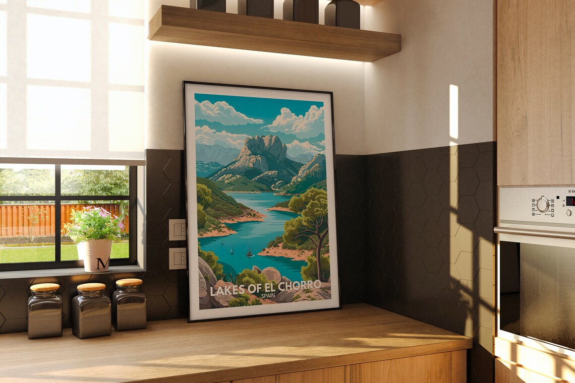 Lakes of El Chorro Spain Blue Lake Cliffs Sailboats Travel Poster - Image 2