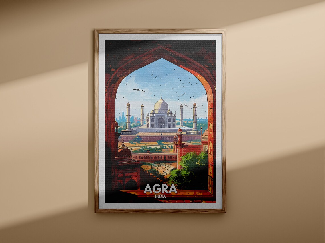 Agra India Taj Mahal Through Red Sandstone Arch Vintage Travel Poster - Image 3