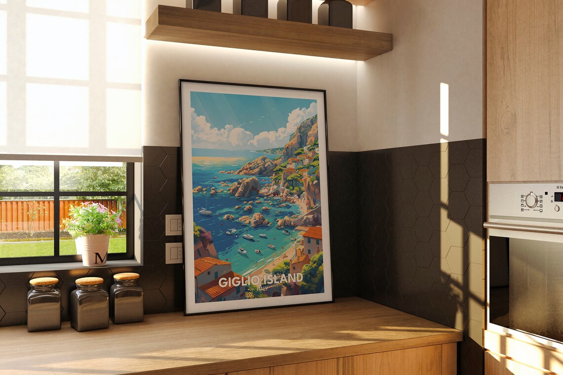 Giglio Island Italy Rocky Cove Boats Clifftop Village Island Poster - Image 2