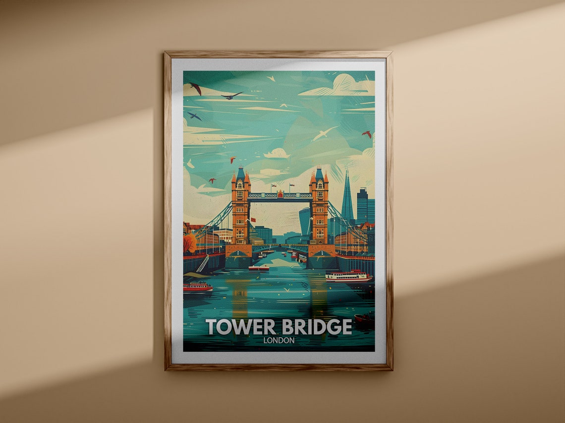 Tower Bridge London Thames Skyline Vintage Travel Scene Poster - Image 3