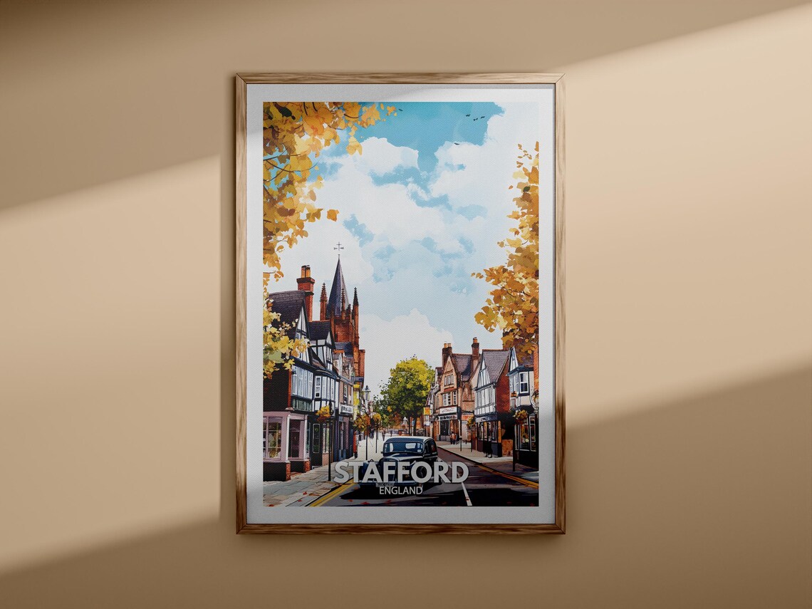 Stafford England Old Town Street Vintage Car Travel Poster Art - Image 3