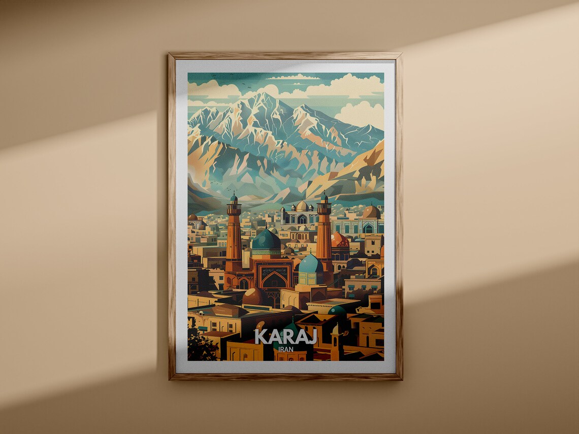Karaj Iran Blue Dome Mosques Mountain City Skyline Travel Poster - Image 3
