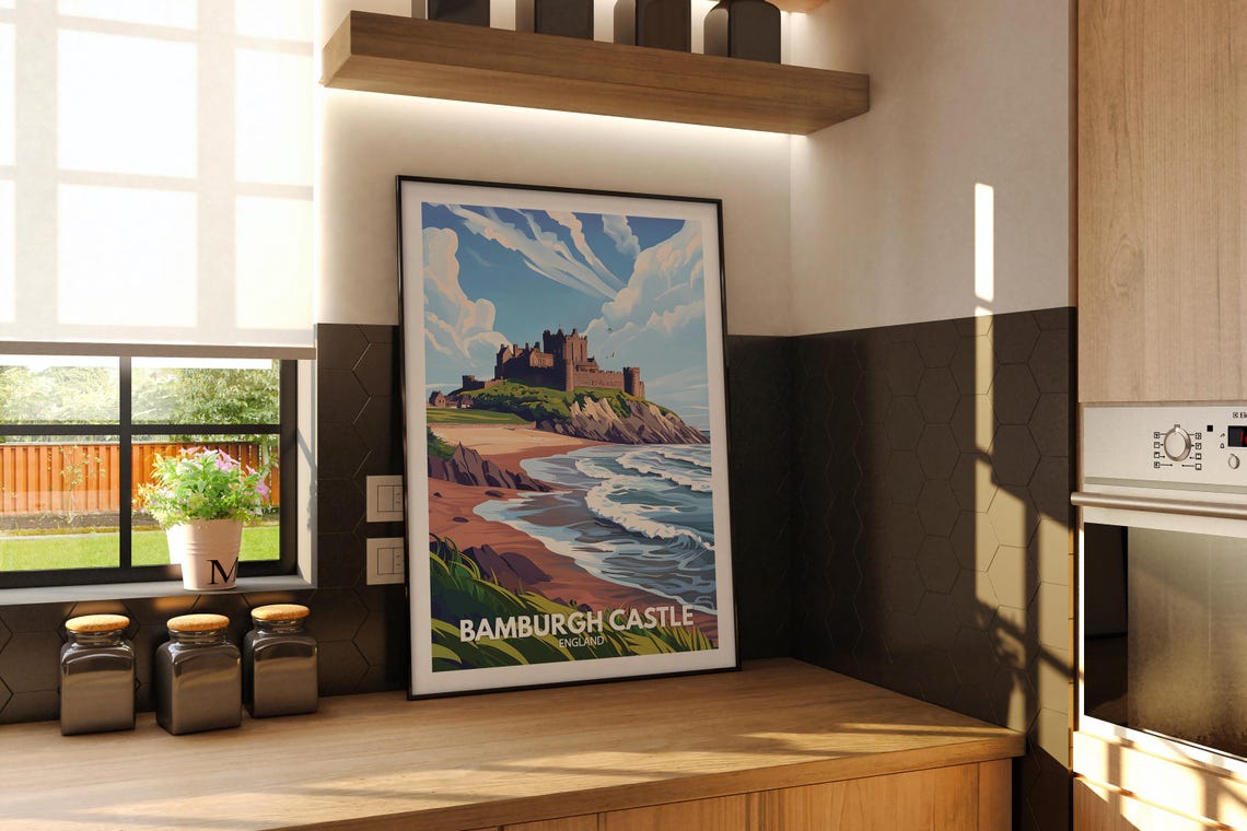Bamburgh Castle England Beach Waves Coastline Fortress Travel Poster - Image 2