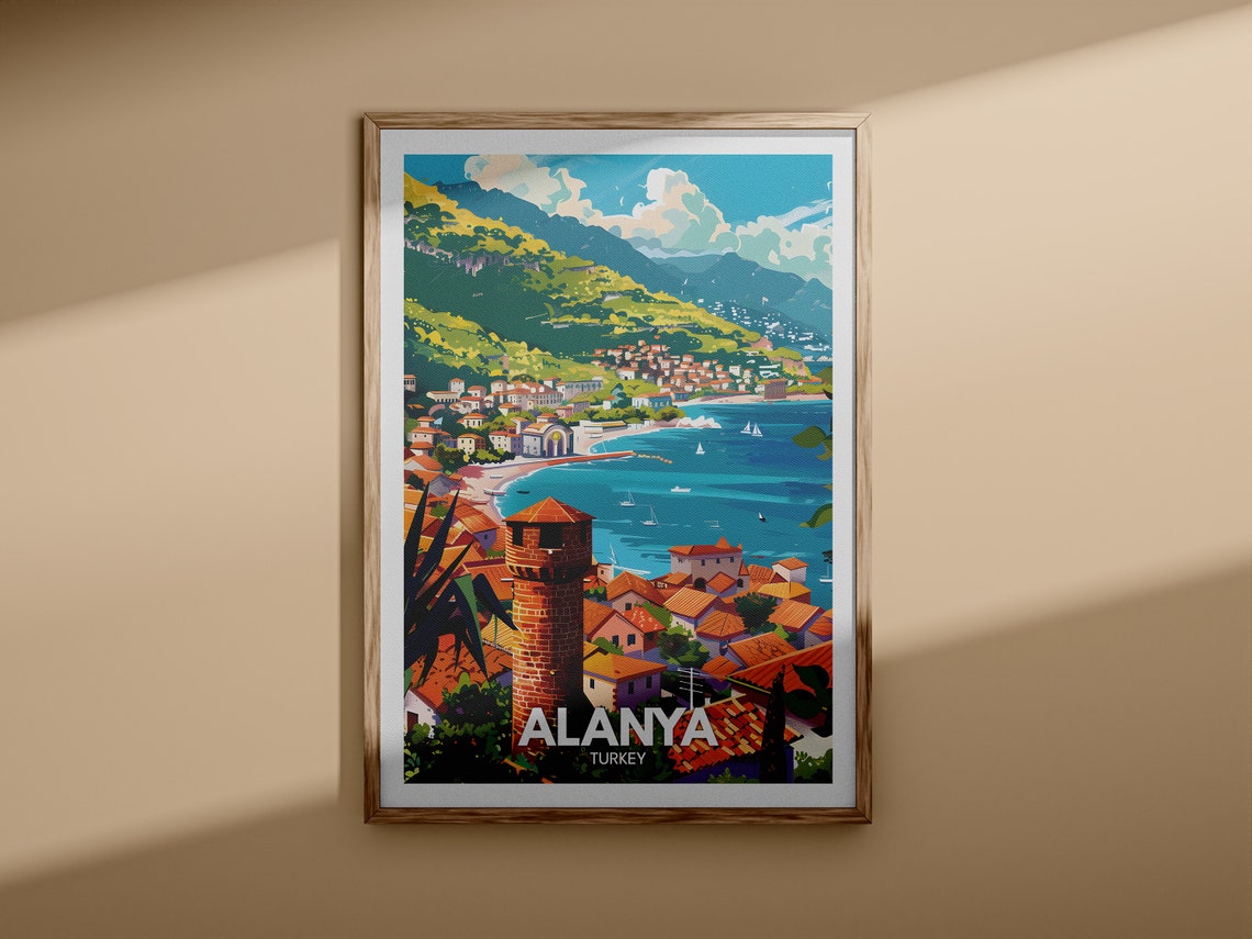 Alanya Turkey Coastal Town Beach Harbor Scene Travel Poster Art - Image 3