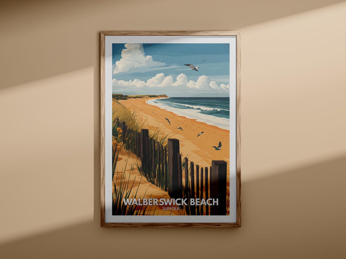 Walberswick Beach Suffolk Golden Sand Dunes Seagulls Travel Poster - Image 3