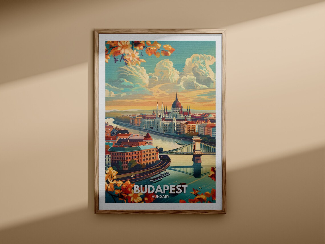 Budapest Hungary Parliament Bridge Danube Sunset Vintage Travel Poster - Image 3