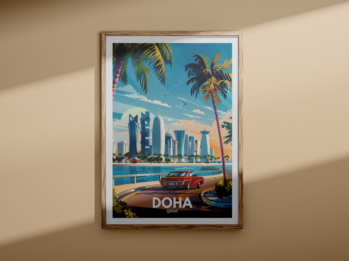 Doha Qatar Vintage Skyline Palm Tree Waterfront Travel Poster - Image 3
