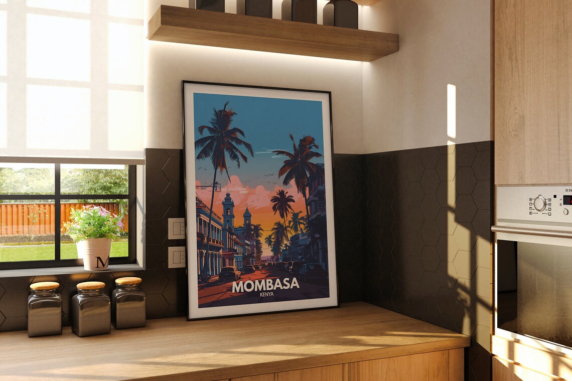 Mombasa Kenya Travel Poster Sunset Palm Street Colonial Buildings Coastal - Image 2