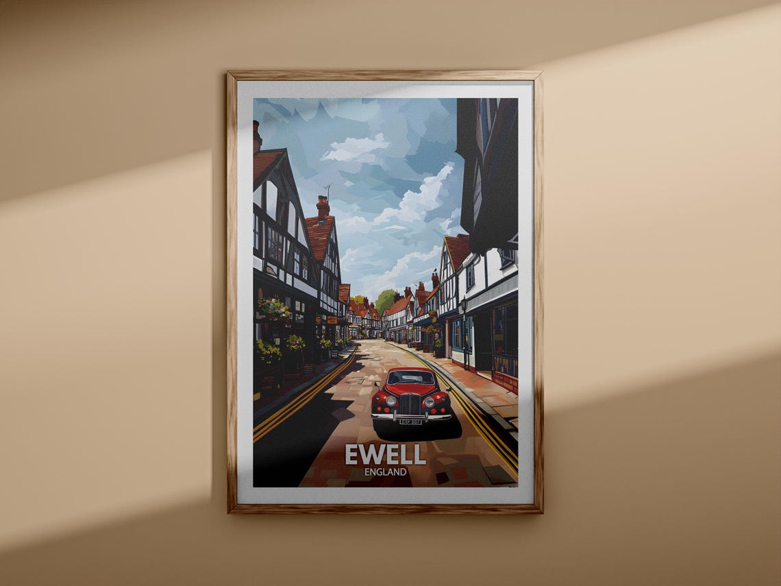 Ewell England Tudor Street Vintage Red Car Town Travel Poster - Image 3