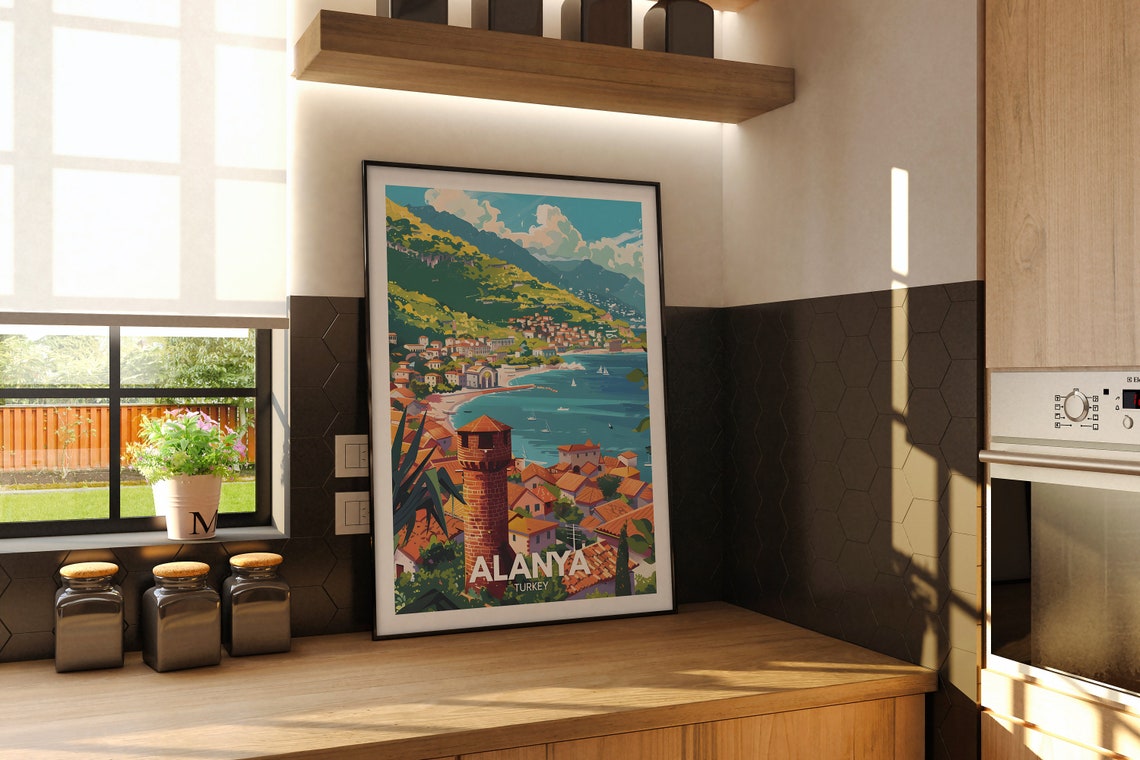 Alanya Turkey Coastal Town Beach Harbor Scene Travel Poster Art - Image 2