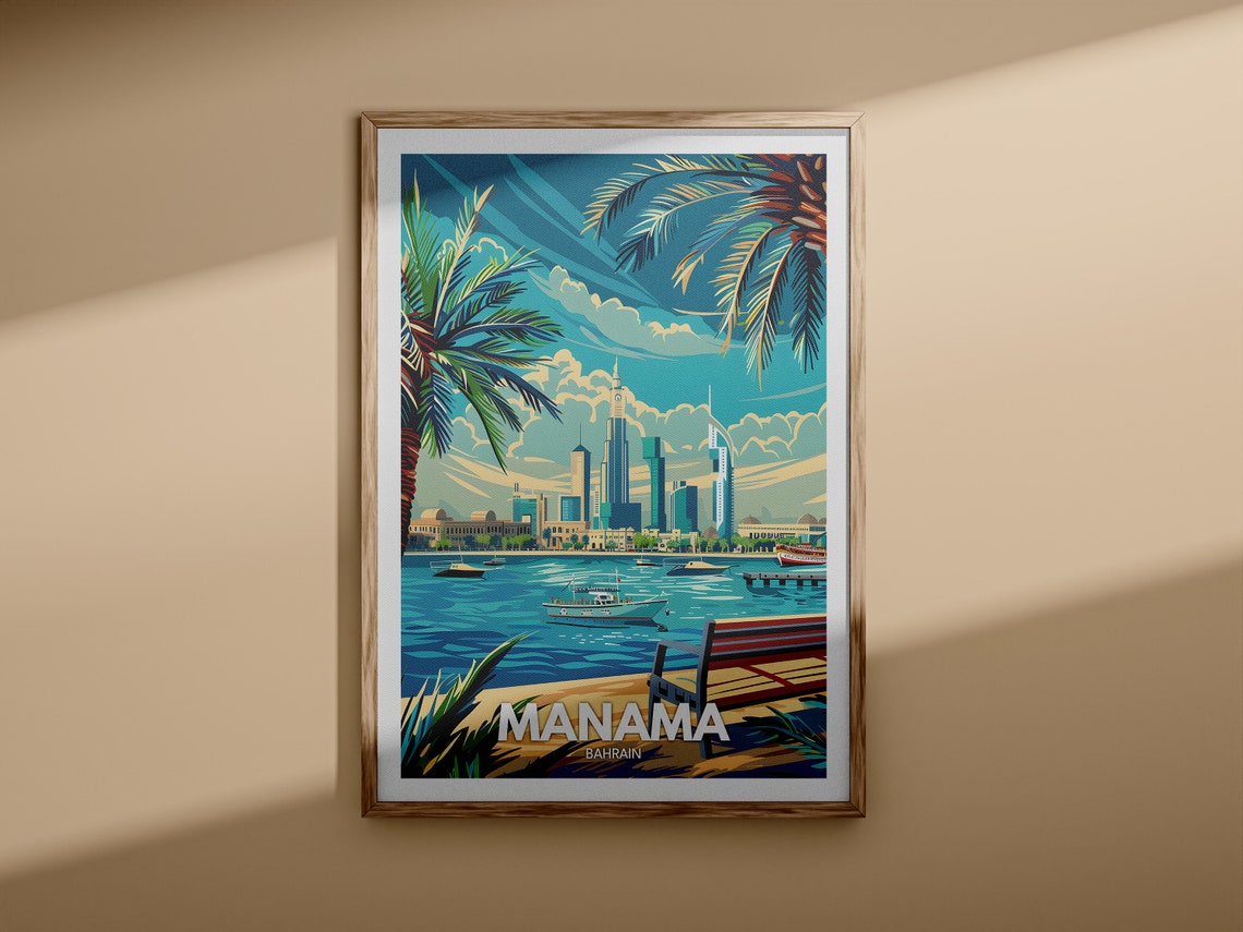 Manama Bahrain Waterfront Skyline Boats Harbor Travel Poster - Image 3