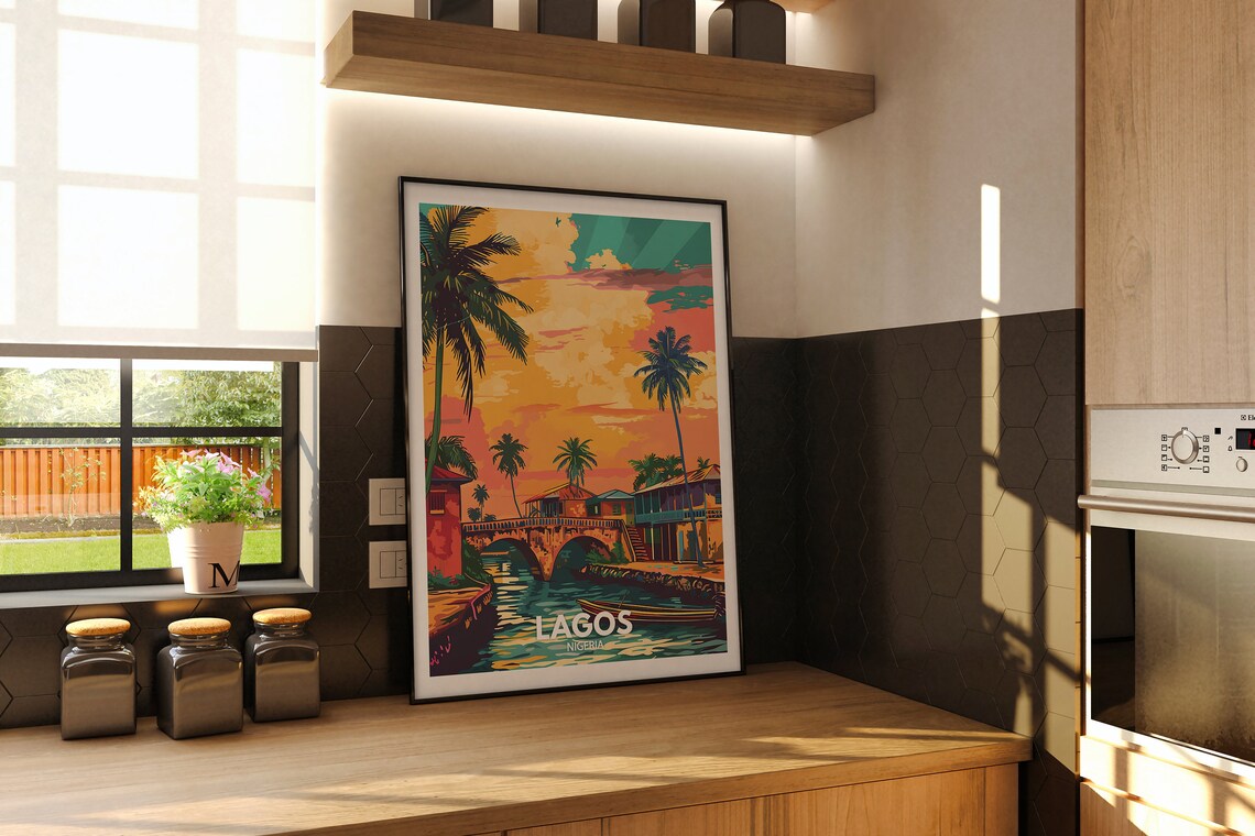 Lagos Nigeria Sunset Waterfront Bridge Palms Vintage Travel Poster - Image 2