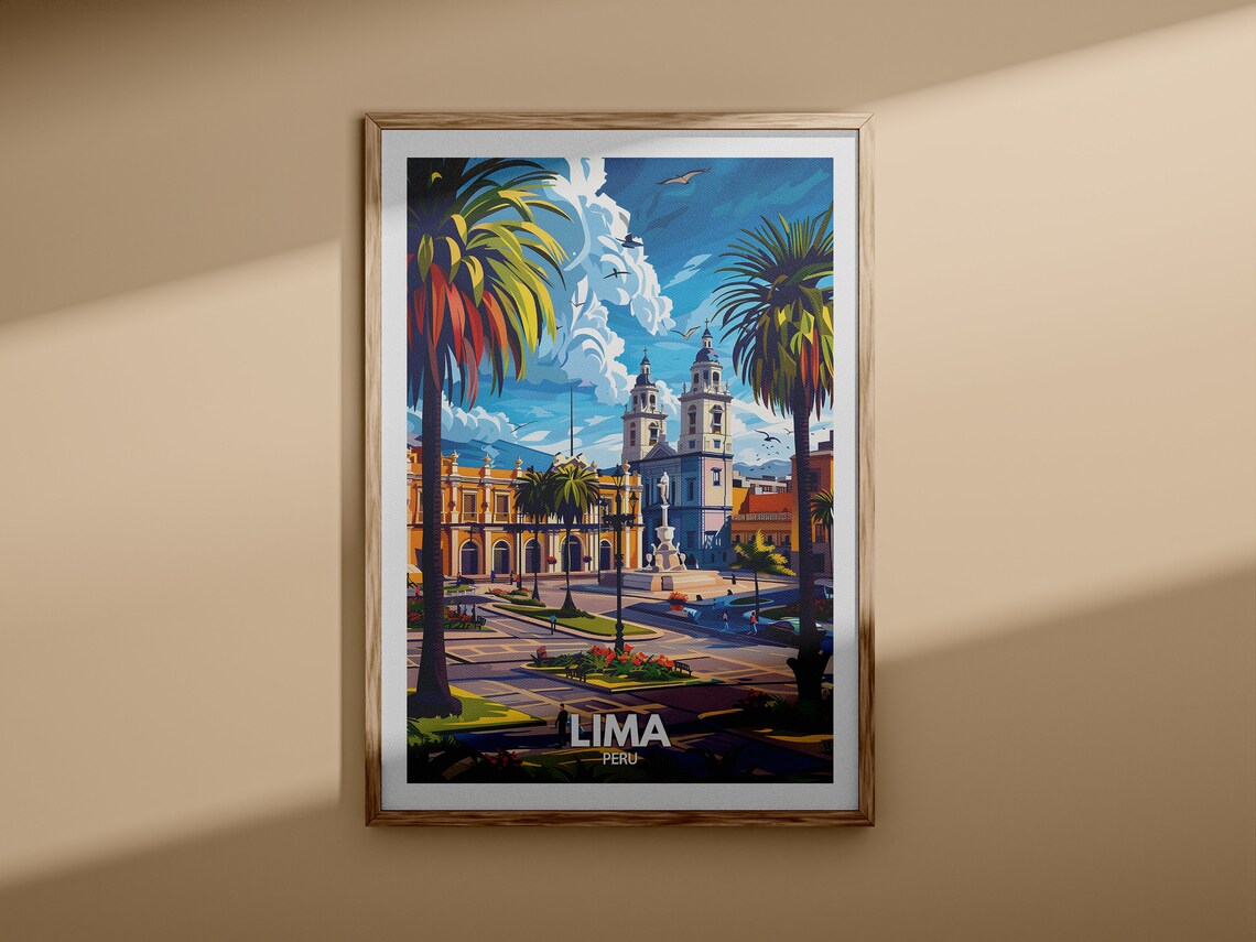 Lima Peru Plaza with Cathedral Towers and Palm Trees Travel Poster - Image 3