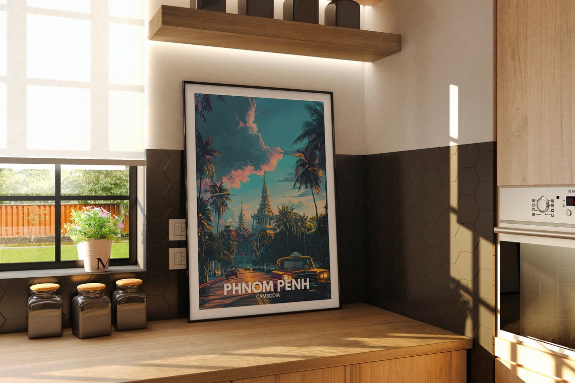 Phnom Penh Cambodia Temple Tower Palm Lined Street Night Travel Poster - Image 2