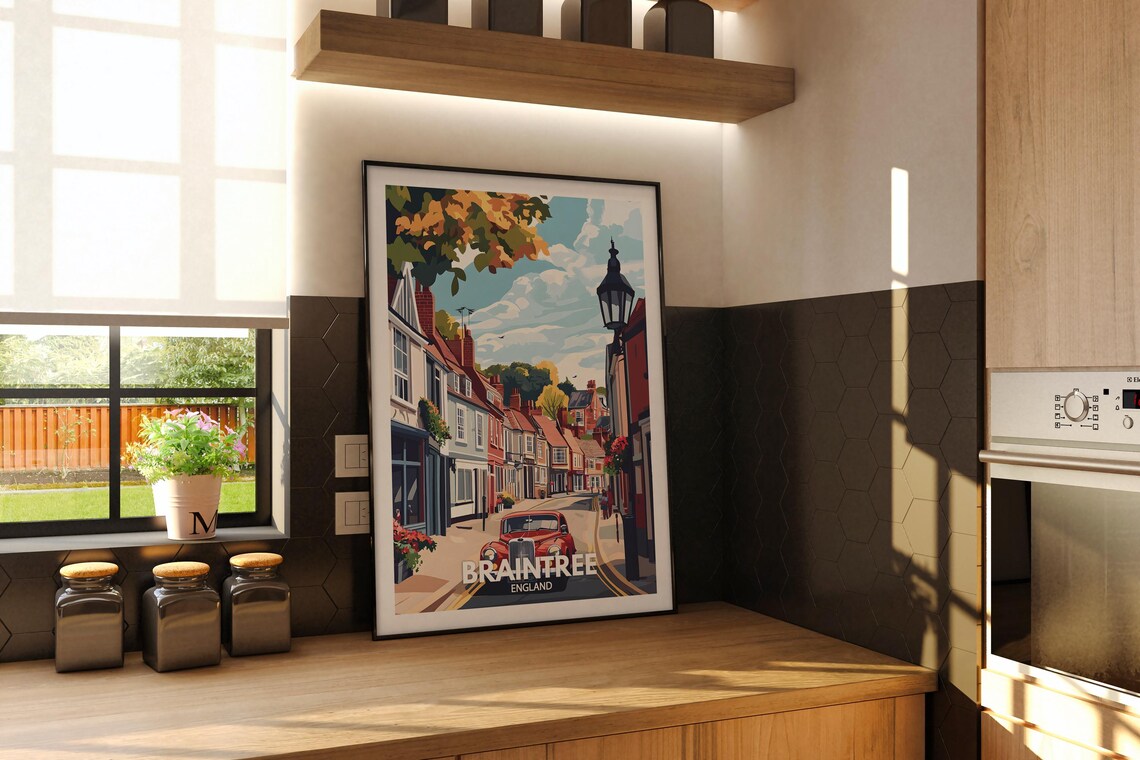Braintree England Vintage Town Street Classic Car Travel Poster - Image 2