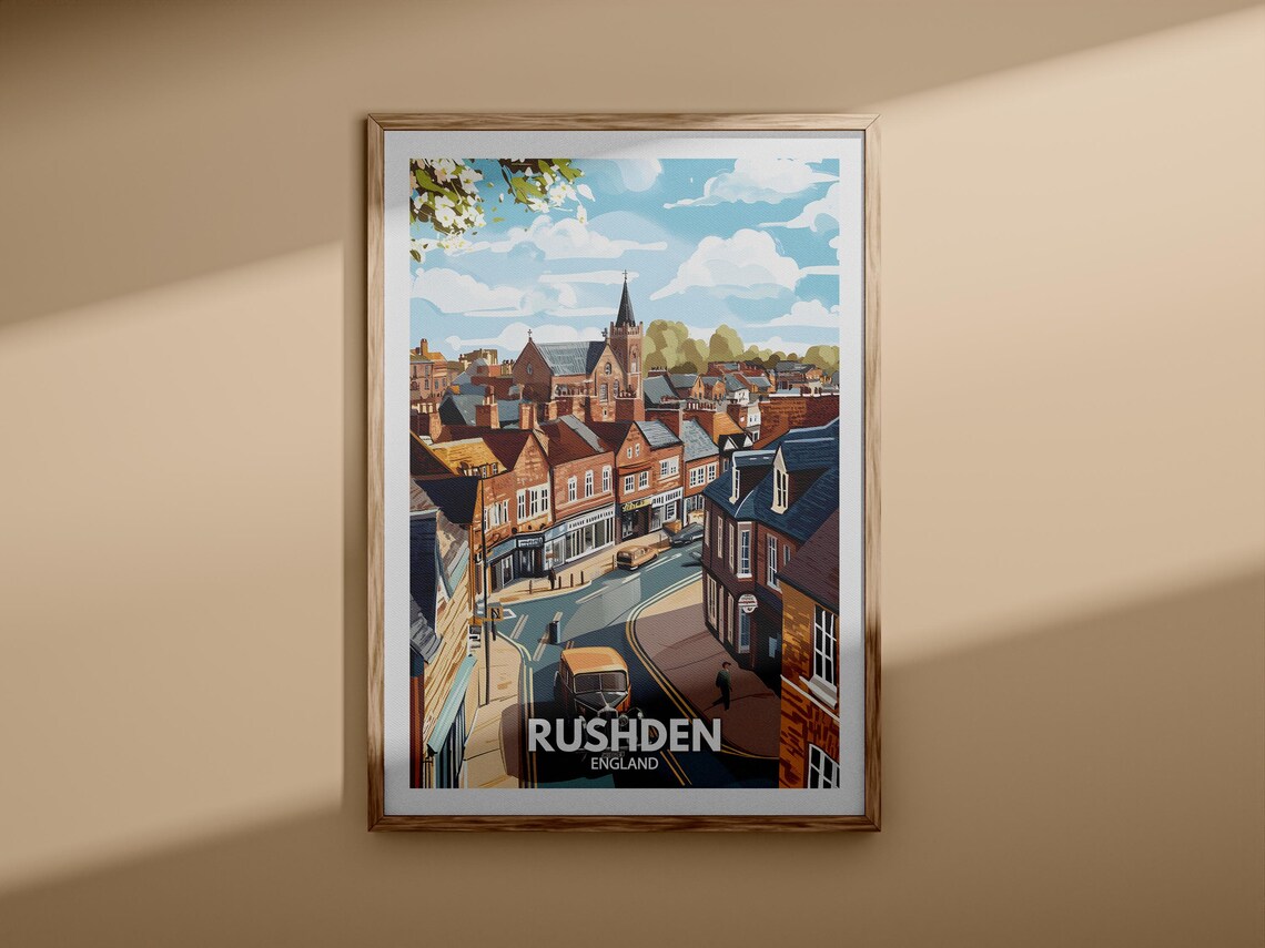 Rushden England Vintage Travel Poster Market Town Street Scene - Image 3