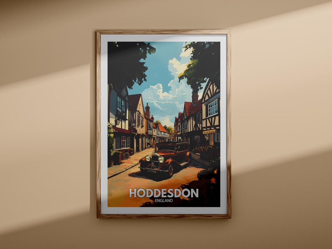 Hoddesdon England Tudor High Street Classic Car Vintage Travel Poster - Image 3