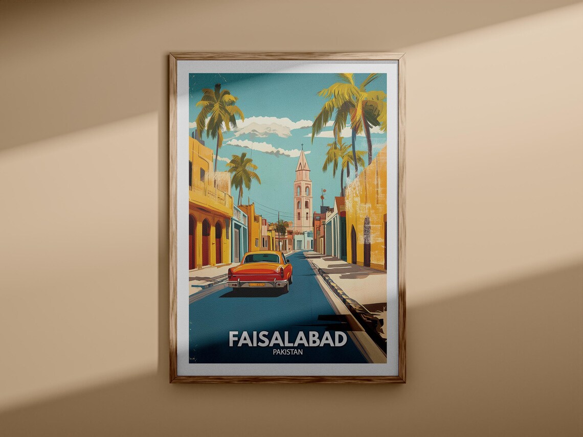 Faisalabad Pakistan Vintage Car Street Church Golden Travel Poster - Image 3