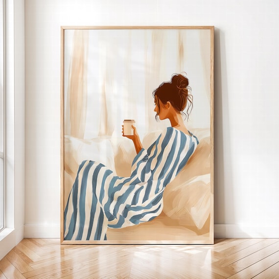 Abstract Cozy Coffee Art Modern Woman Print Minimalist Wall Art Neutral Decor Relaxing Morning Illustration Boho Bedroom Gift