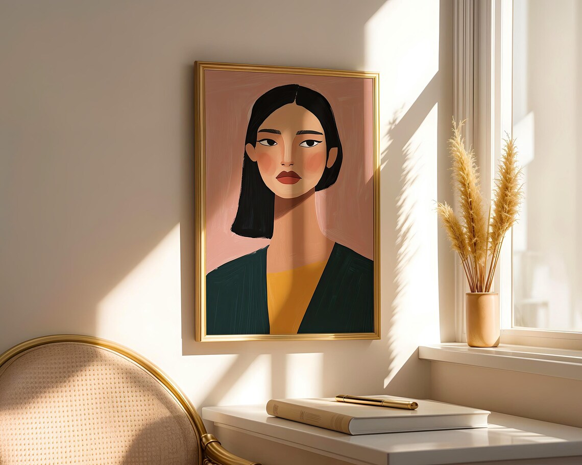 Modern Woman Portrait Pink Background Green Cardigan Bold Flat Illustration Art Poster - Image 2