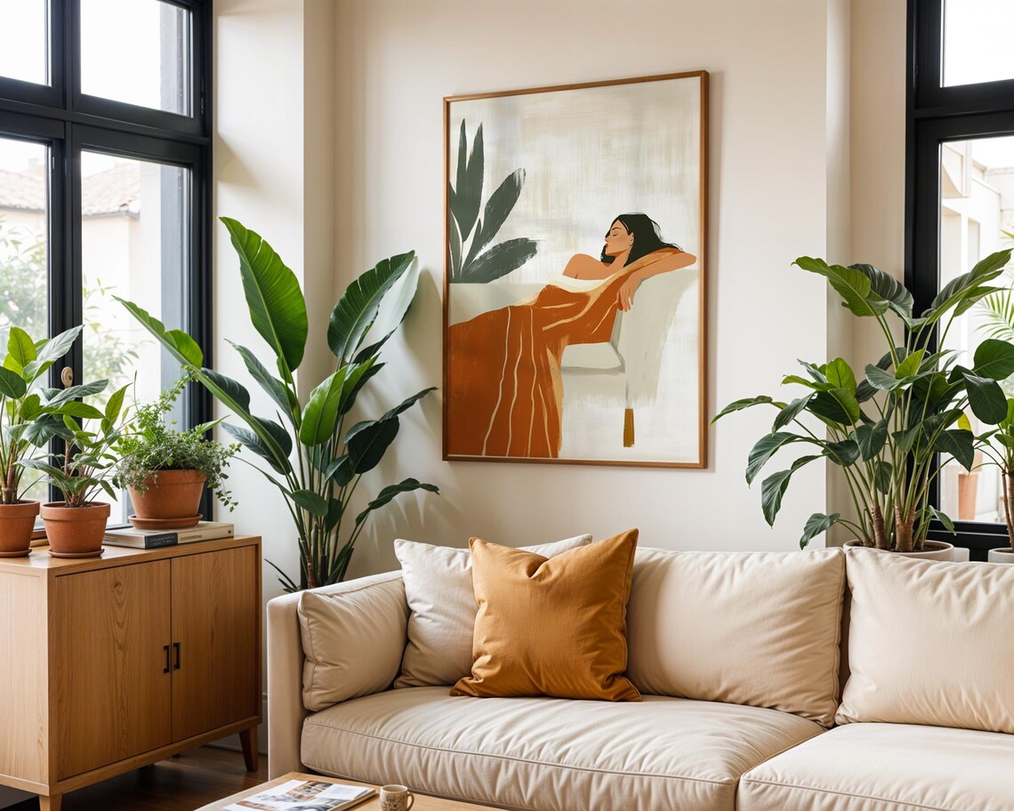 Relaxing Woman Draped in Rust Red Blanket Minimalist Lounge Poster - Image 4