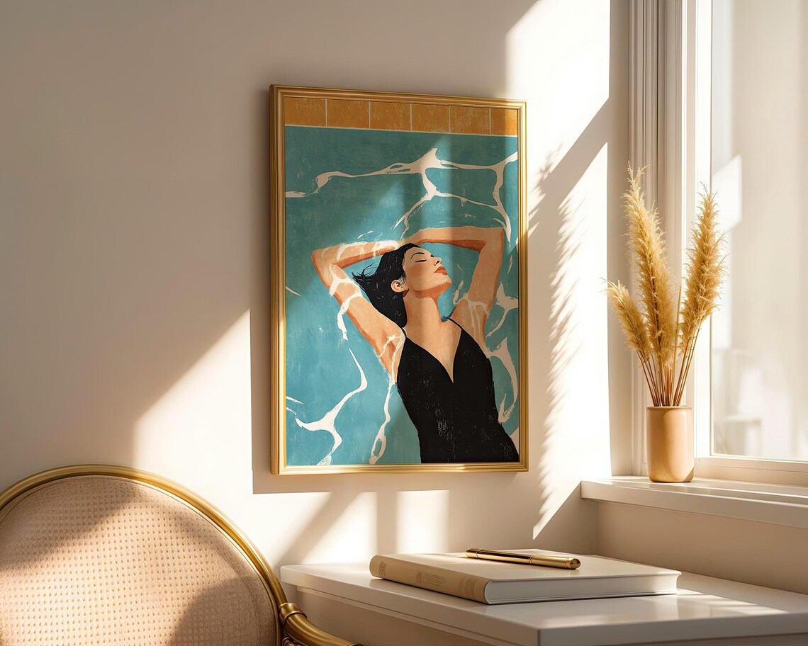 Woman Floating in Turquoise Pool in Black Swimsuit Summer Poster - Image 3