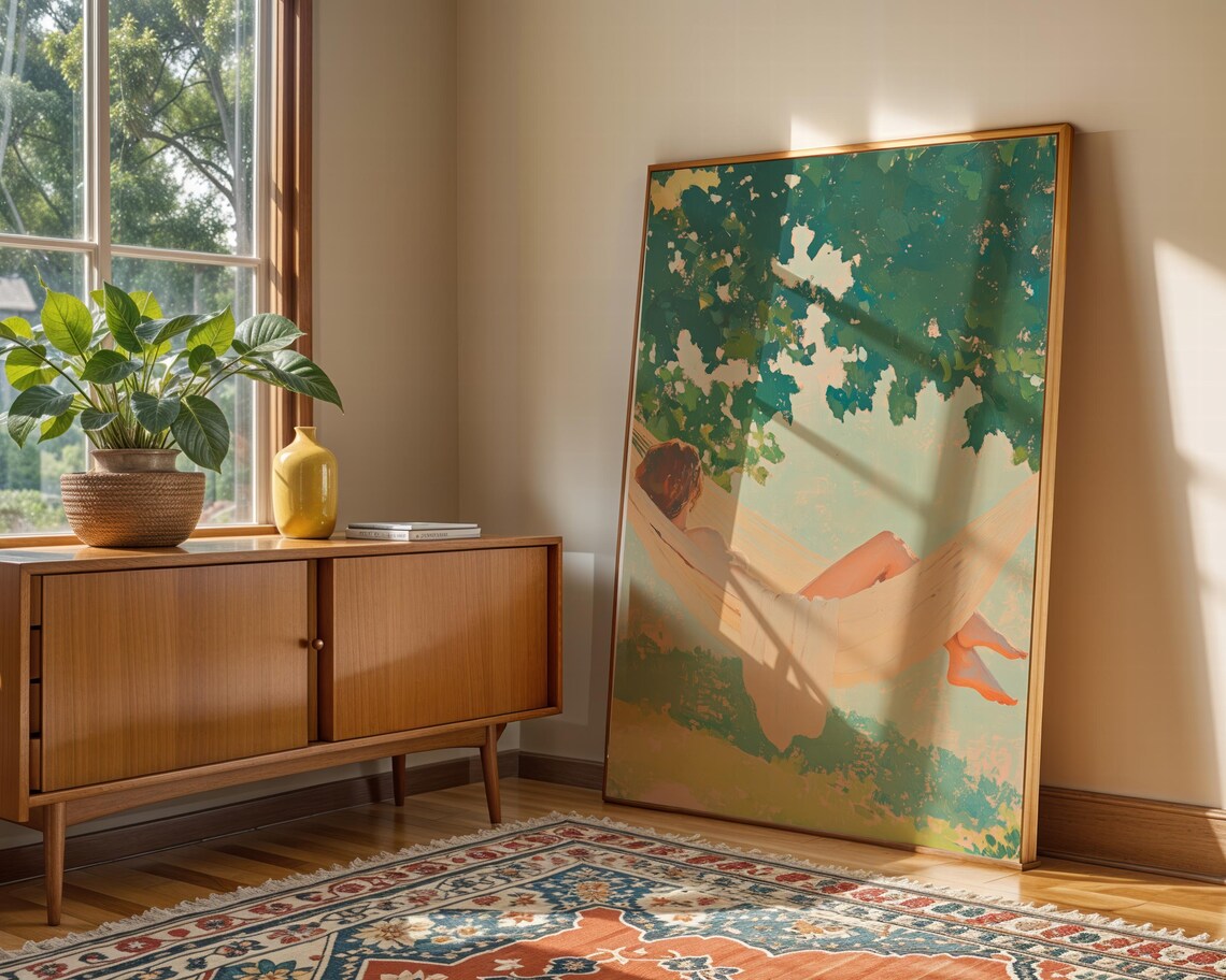 Woman Relaxing in Hammock Under Green Trees Summer Art Poster - Image 5