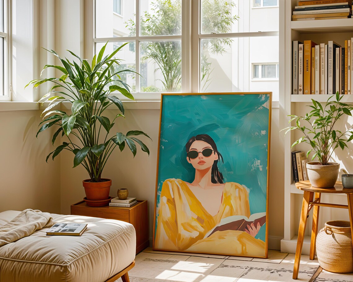 Woman in Sunglasses Reading Book Yellow Turquoise Art Poster - Image 2