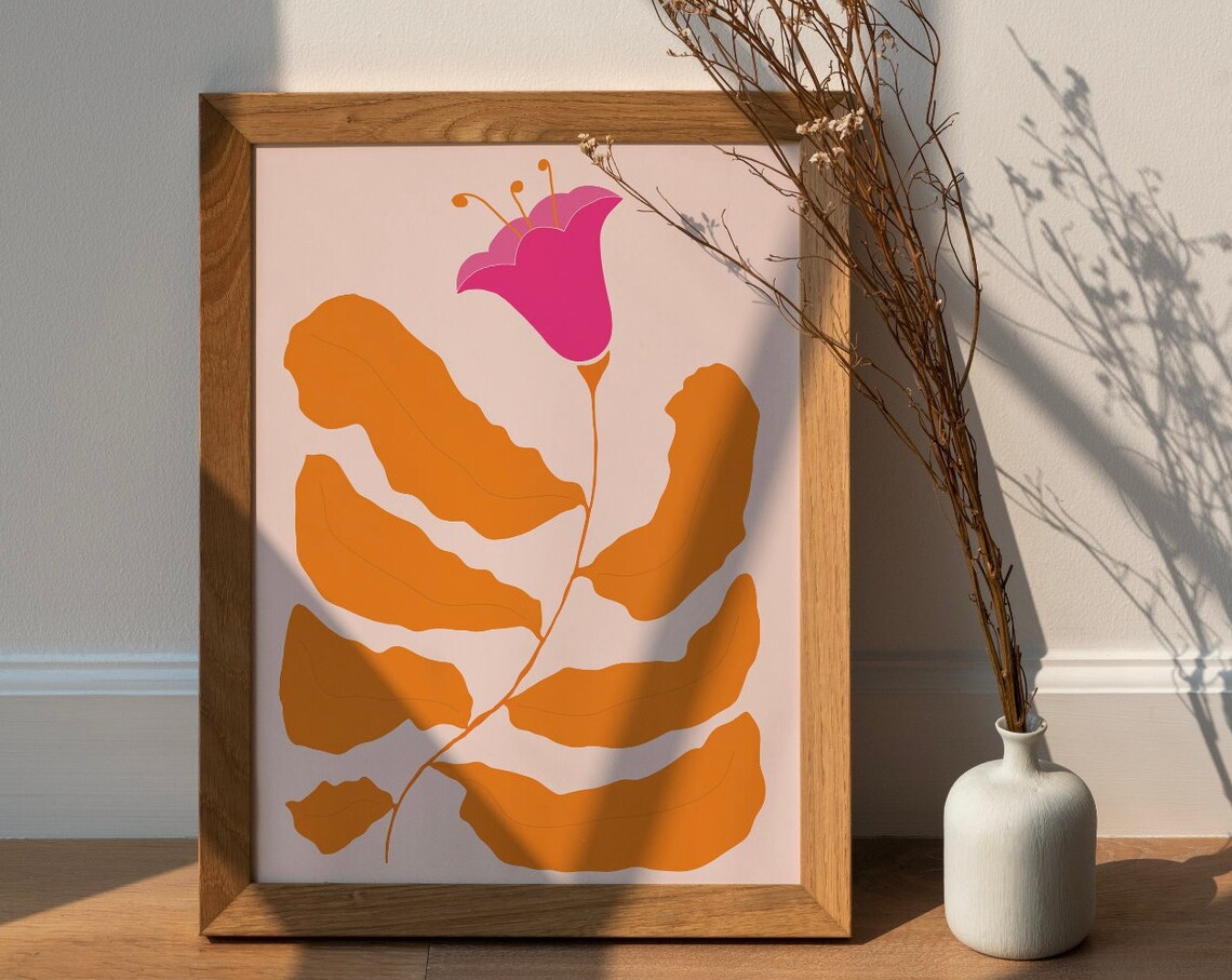 Orange Pink Botanical Floral Art Print, Modern