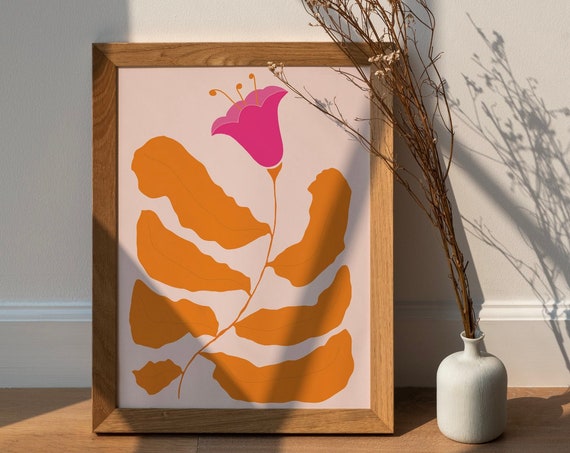 Orange Pink Botanical Floral Art Print, Modern