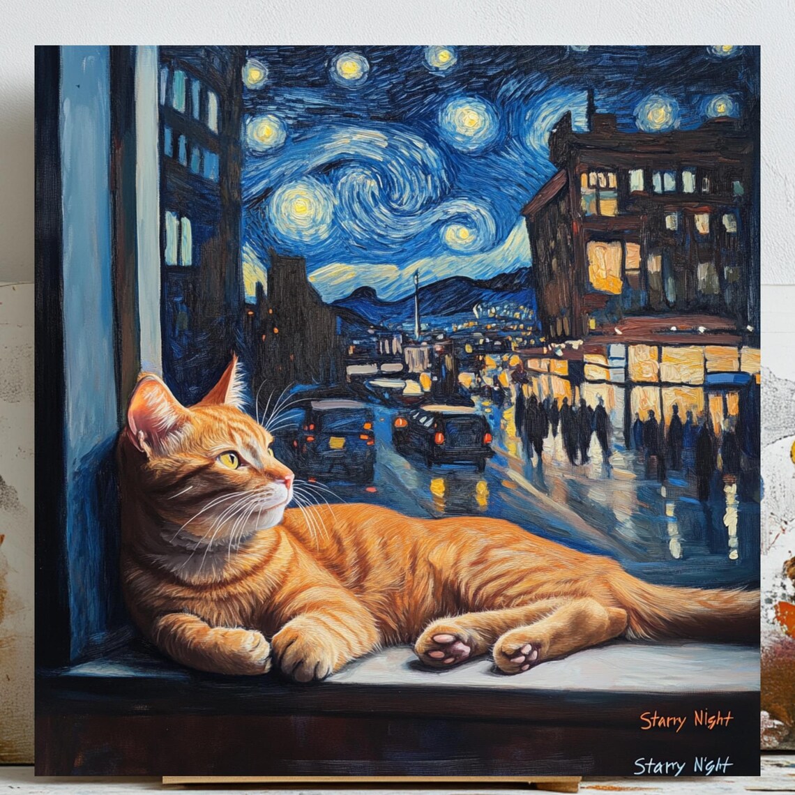 Starry Night Cat Poster, Van Gogh Inspired