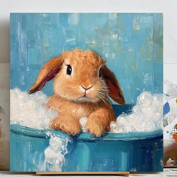 Rabbit In Bathtub Poster, Bathroom Nursery Decor