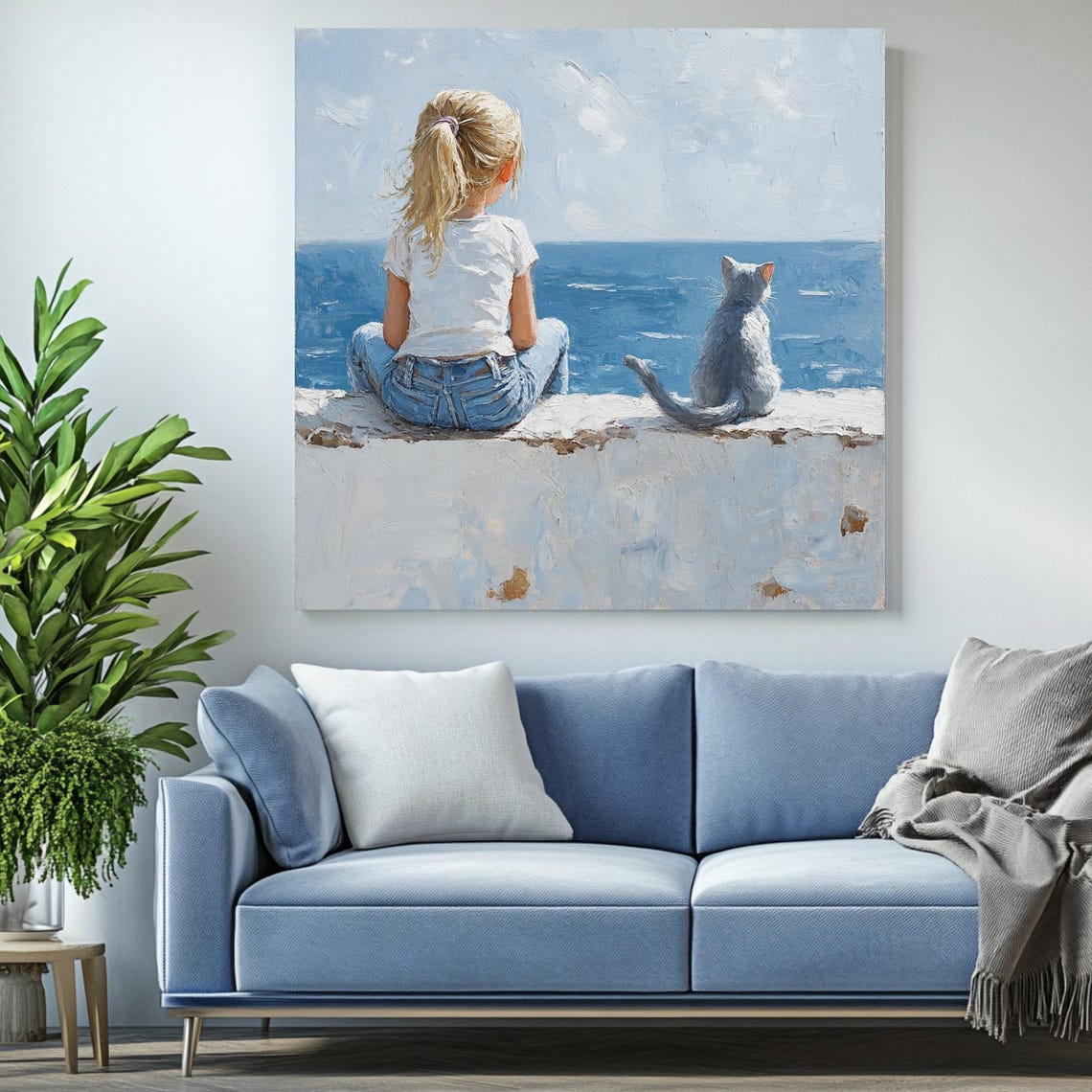 Girl And Cat Ocean View Poster, Coastal Decor - Image 2