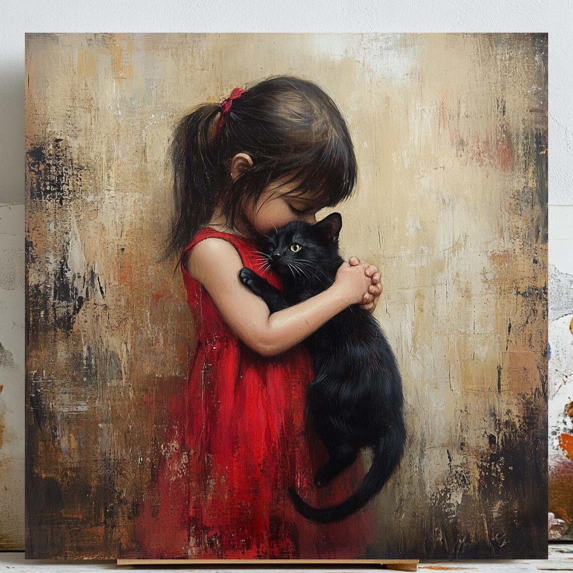 Girl Hugging Cat, Cute Cat Illustration