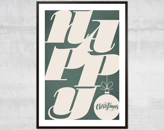Happy Christmas Cream Block Lettering Green Ornament Holiday Poster