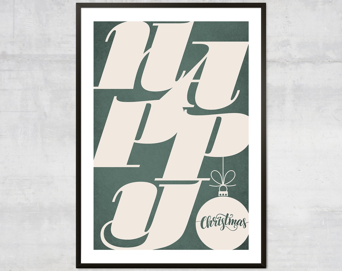 Happy Christmas Cream Block Lettering Green Ornament Holiday Poster