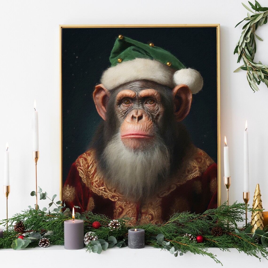 Christmas Chimpanzee Santa Renaissance Portrait Animal Painting Poster