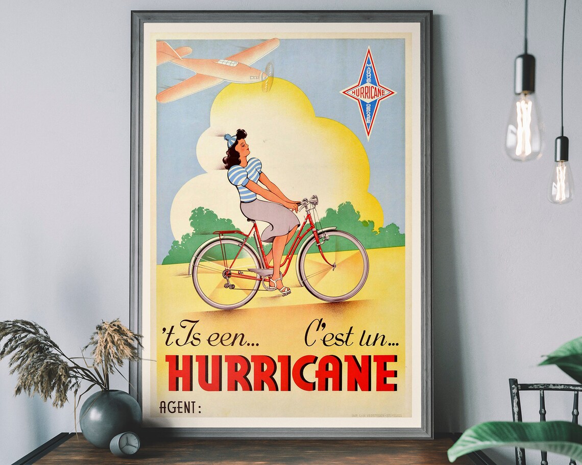 Vintage Hurricane Bicycle Ad Retro French Dutch Cycling Art Poster