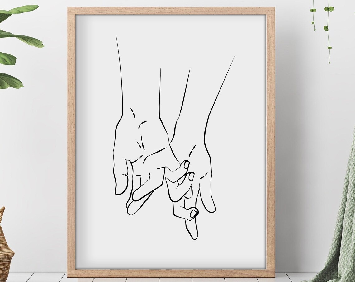 Holding Hands Couple Minimalist One Line Drawing Love Art Poster