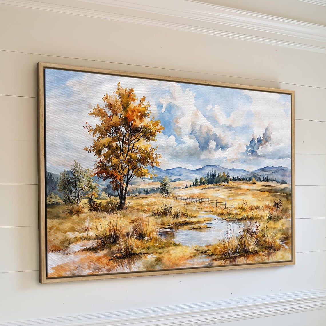 Golden Autumn Lone Tree Watercolor Stream Meadow Landscape Poster