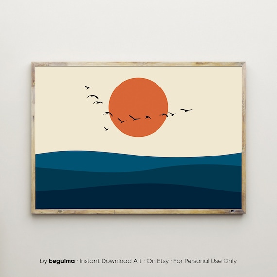 Sea Wall Art Ocean Prints Sunset Posters Flock Of Birds Flying Landscape Design Orange Sun Sunrise Geometric Minimalist