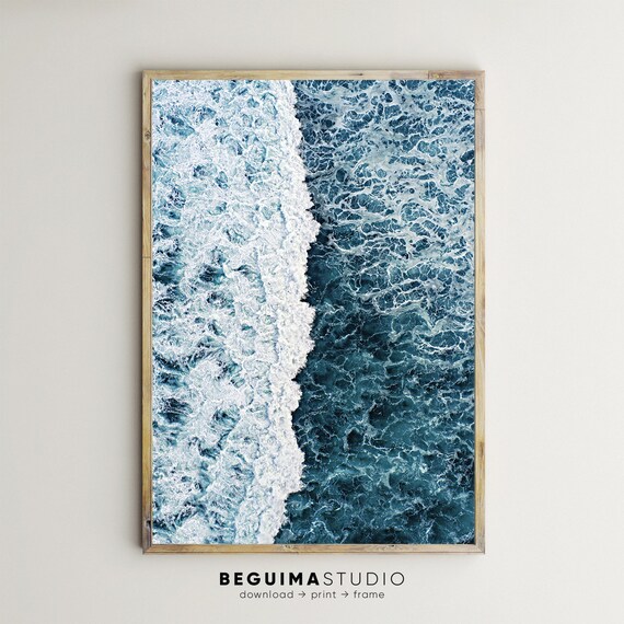 Aerial Ocean Waves White Foam Blue Water Drone Photography Poster